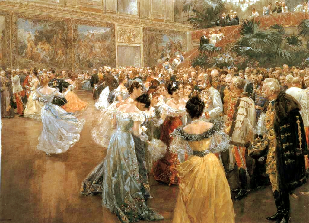 Eine große Ballsaal-Szene mit elegant gekleideten Männern und Frauen, die tanzen, umgeben von einem Publikum in prächtiger Kleidung. Der prunkvolle Raum ist mit detaillierten Wandmalereien, Kronleuchtern und opulenten Dekorationen ausgestattet, die eine festliche, formelle Zusammenkunft einfangen.