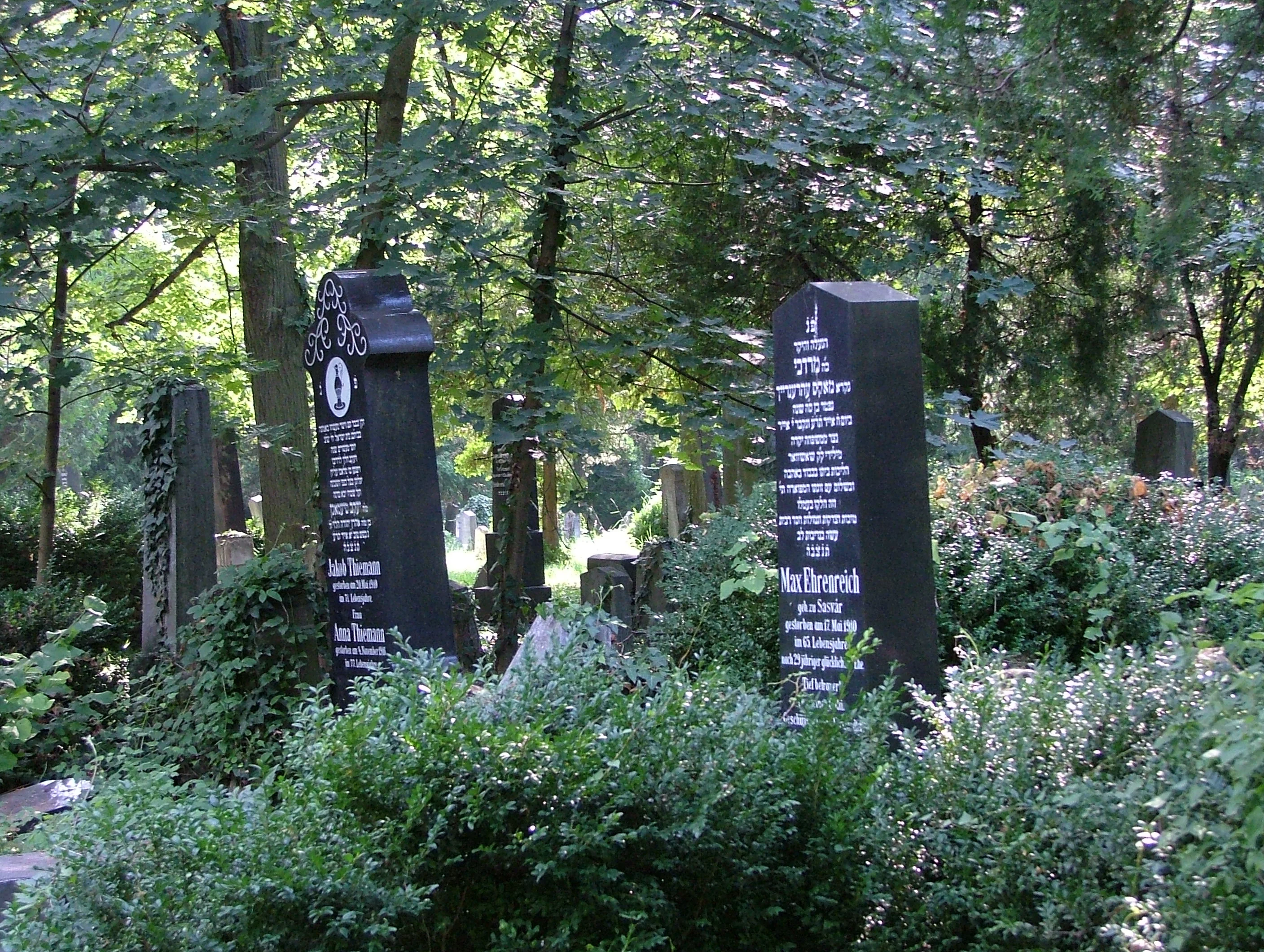 Una tranquilla scena cimiteriale mostra due lapidi nere ed erette con iscrizioni, circondate da una vegetazione rigogliosa e da alberi ombrosi. La luce del sole passa attraverso le foglie e proietta una luce soffusa sulle piante rigogliose. 