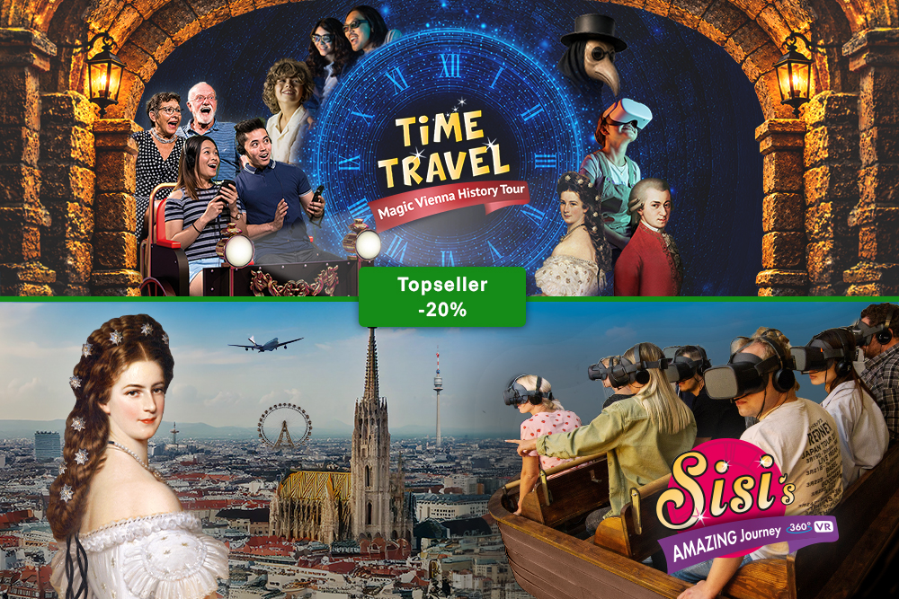 Collage von Menschen, die an einer Time Travel Magic Vienna History Tour in VR teilnehmen, mit einem Portr&auml;t von Kaiserin Sisi, einer Wiener Stadtansicht und einem Abzeichen f&uuml;r 20 % Rabatt auf Bestseller.