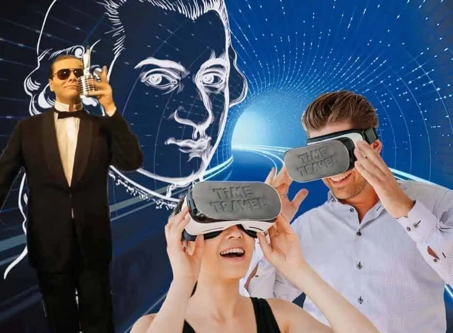 Drei Personen tragen VR-Headsets zum Thema „Zeitreisen“. Ein Mann im Smoking hält ein Glas, eine Frau lächelt und ein anderer Mann rückt sein Headset zurecht. Im Hintergrund ist ein stilisiertes Bild einer historischen Figur mit einem kosmischen Tunnel zu sehen.