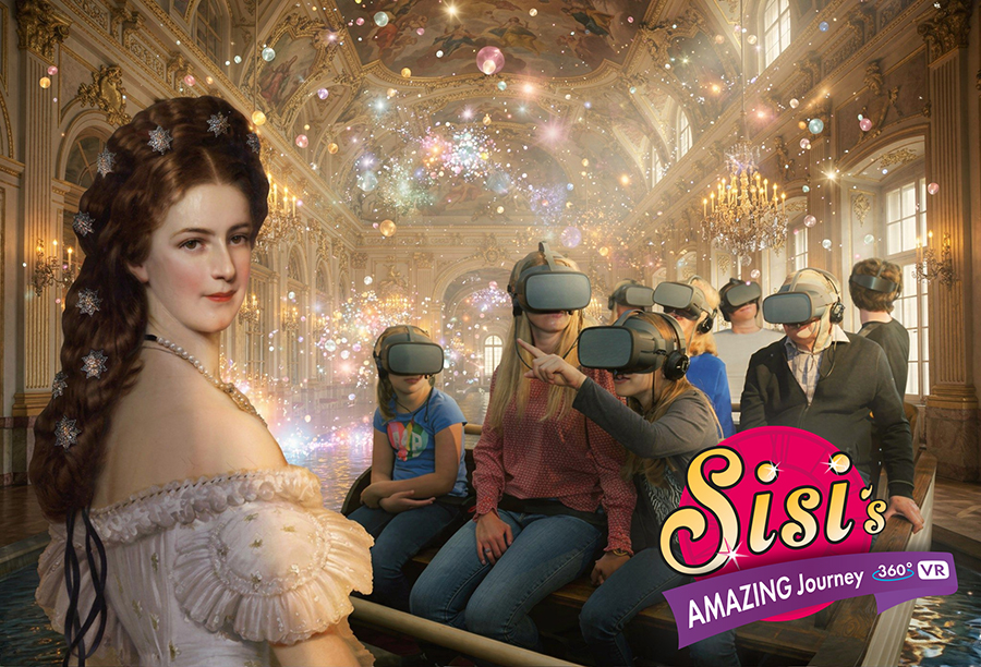 Im Vordergrund ist ein Portr&auml;t von Kaiserin Sisi zu sehen, w&auml;hrend eine Gruppe von Menschen mit VR-Headsets in einer gro&szlig;en, verzierten Halle mit funkelnden Lichtern zusammensitzt. Der Text lautet: "Sisis Amazing Journey 360&deg; VR".