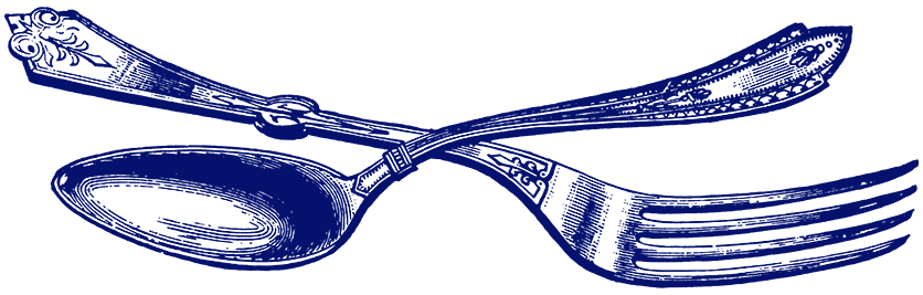 Eine blaue Illustration eines sich kreuzenden Vintage-Löffels und einer Gabel. Die Griffe der Besteckteile sind mit filigranen Verzierungen versehen. Der weiße Hintergrund unterstreicht das kunstvolle Design des Bestecks.