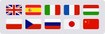 Nine country flags are displayed: Great Britain, Spain, Italy, France, Hungary in the top row; Czech Republic, Russia, Japan and China in the bottom row. Each flag is rectangular and has a characteristic color. 