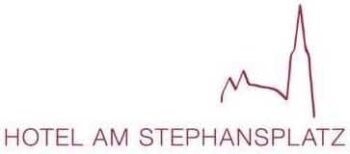 Logo für „Hotel Am Stephansplatz“ mit dem minimalistischen roten Umriss eines Gebäudes mit einem hohen Turm über dem Text.