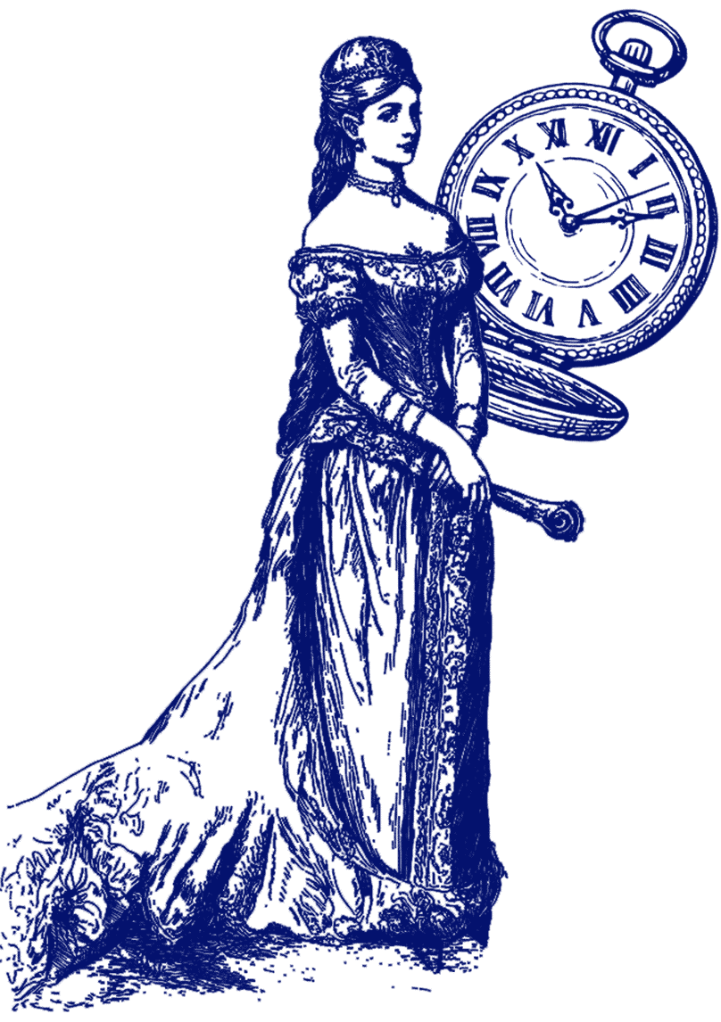 Immagine di un'ancora blu parzialmente sovrapposta a un orologio da tasca vintage con numeri romani. Lo sfondo è bianco. 