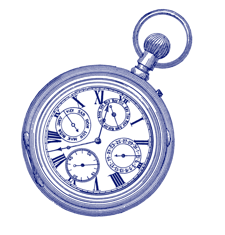 Illustrazione di un orologio da tasca vintage blu con ingranaggi visibili, dettagli intricati e quadranti decorativi. L'orologio è collocato su un semplice sfondo bianco, che ne mette in risalto i componenti meccanici e il design circolare. 