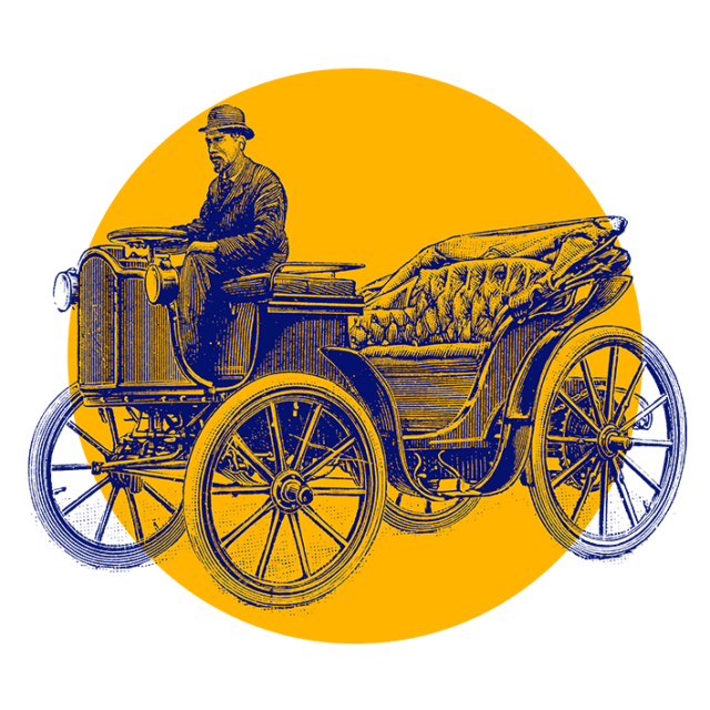 Un'illustrazione d'epoca mostra un uomo alla guida di una vecchia auto con grandi ruote in legno e tetto aperto. Lo sfondo è un cerchio di colore arancione. L'uomo indossa un cappello, siede davanti e guida il veicolo.  