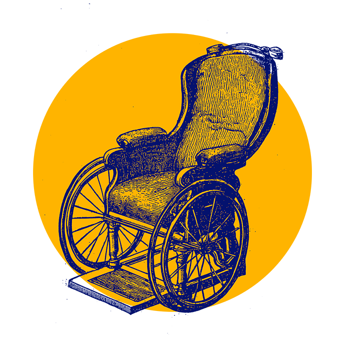 Illustrazione di una sedia a rotelle vintage con schienale alto e grandi ruote su uno sfondo giallo brillante con quadrati blu sparsi.