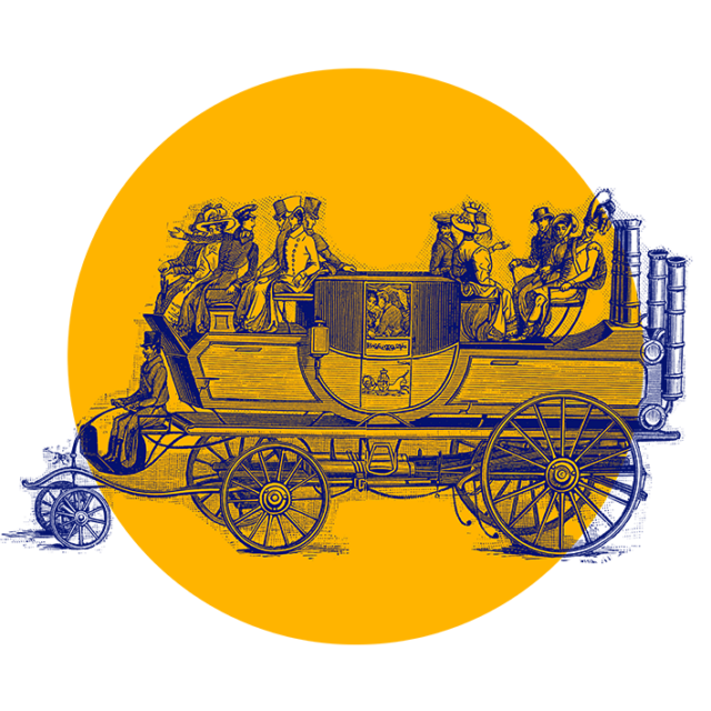 Illustrazione vintage di una carrozza trainata da cavalli con passeggeri seduti all'interno su uno sfondo giallo brillante. La carrozza ha grandi ruote in legno e uno stemma decorativo sul lato. 