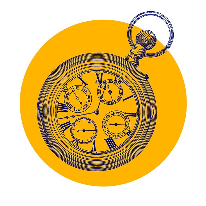 Illustrazione di un orologio da tasca decorato su sfondo giallo. Ha tre quadranti più piccoli per il giorno, il mese e la data, oltre a numeri romani per le ore. Il design in filigrana è caratterizzato da linee dettagliate.  