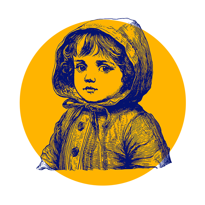 Illustrazione di un bambino con un cappotto con cappuccio, disegnato in uno stile vintage dettagliato con linee blu scuro su uno sfondo giallo brillante.