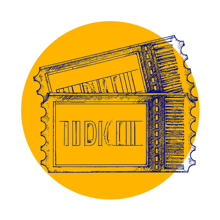 Illustrazione di due biglietti del cinema sovrapposti in un design vintage, delineati in blu su uno sfondo giallo brillante. La parola TICKET è visibile come testo stilizzato. 