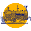Illustration einer alten Dampflokomotive in Dunkelblau vor einem leuchtend gelben Kreis, die ihr detailliertes Design und ihre klassischen R&auml;der hervorhebt.
