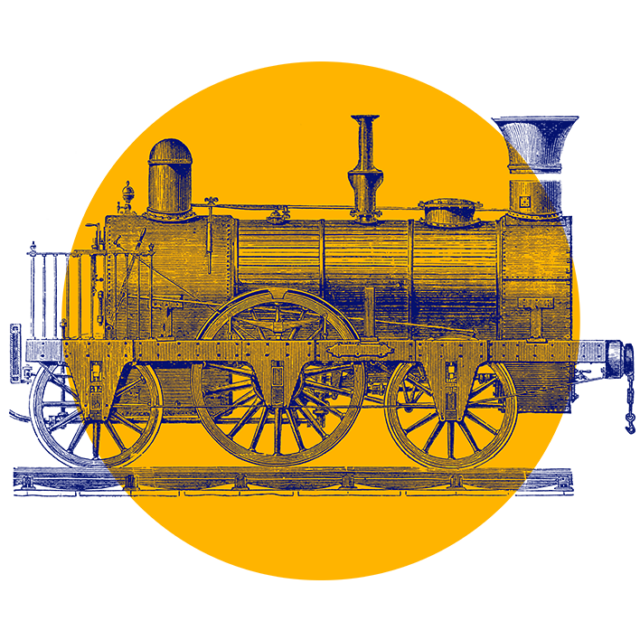 Illustrazione di una vecchia locomotiva a vapore in blu scuro su un cerchio giallo brillante, che mette in risalto il design dettagliato e le ruote classiche.