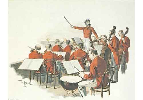 Illustrazione di un'orchestra con musicisti in giacca rossa che suonano vari strumenti, tra cui archi e percussioni, mentre un direttore d'orchestra è in piedi sul davanti e li dirige con una bacchetta sollevata.