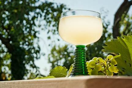 A glass of light-colored juice stands on a wooden base outside, surrounded by green vine leaves and a small green bunch of grapes, with trees and blue sky in the background.