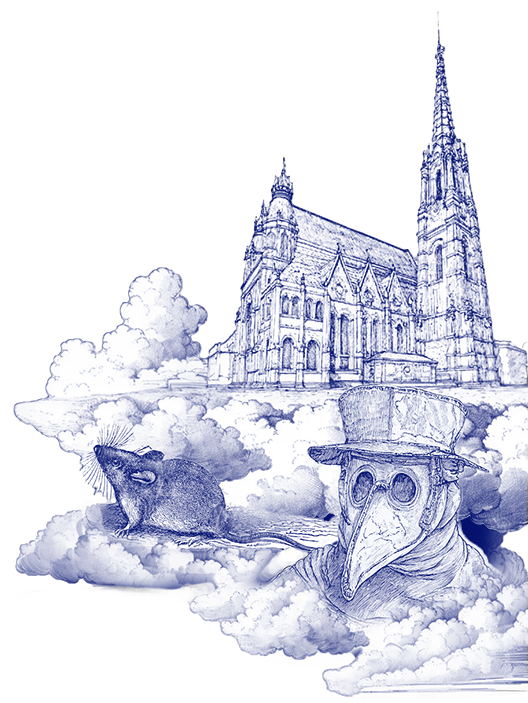 Detailed illustration in blue ink of a Gothic cathedral, a rat and a person in a plague doctor's mask with a beak, all emerging from billowing clouds against a white background.