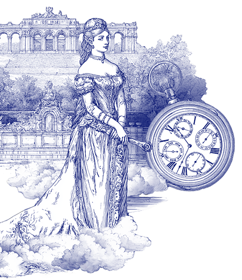 A vintage-style illustration showing a woman in an ornate dress standing on clouds, with a large pocket watch beside her and classic architectural buildings in the background.