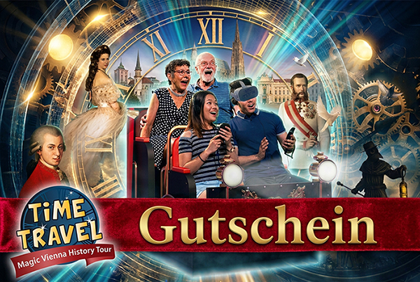 A group of excited people, some of them wearing VR headsets, drive in a tour car through a collage of Viennese landmarks, historical figures, clocks and cogwheels. The text reads "TIME Travel Vienna voucher - Magic Vienna History Tour". 