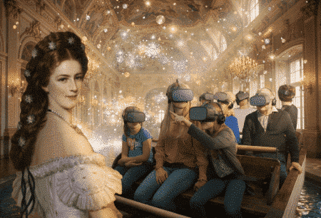 A royal woman in historical garb stands in a magnificent palace hall, while a group of people in modern dress sail on a boat wearing virtual reality headsets amidst floating, glowing spheres.
