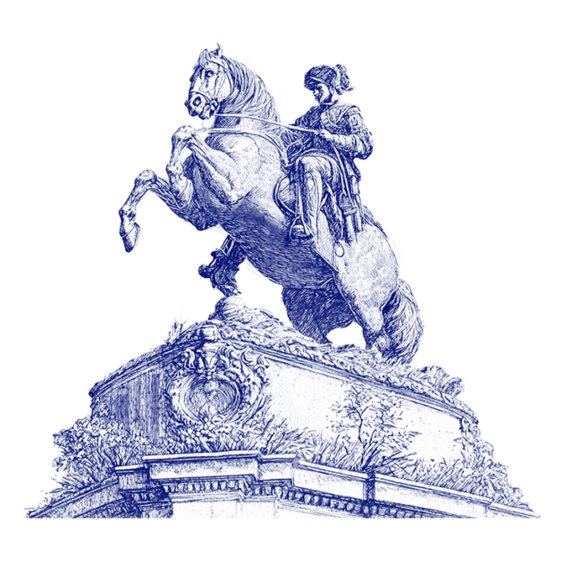 A detailed blue ink drawing of an equestrian statue depicting a rider in period dress on a rearing horse on an ornate pedestal with decorative carvings and foliage.