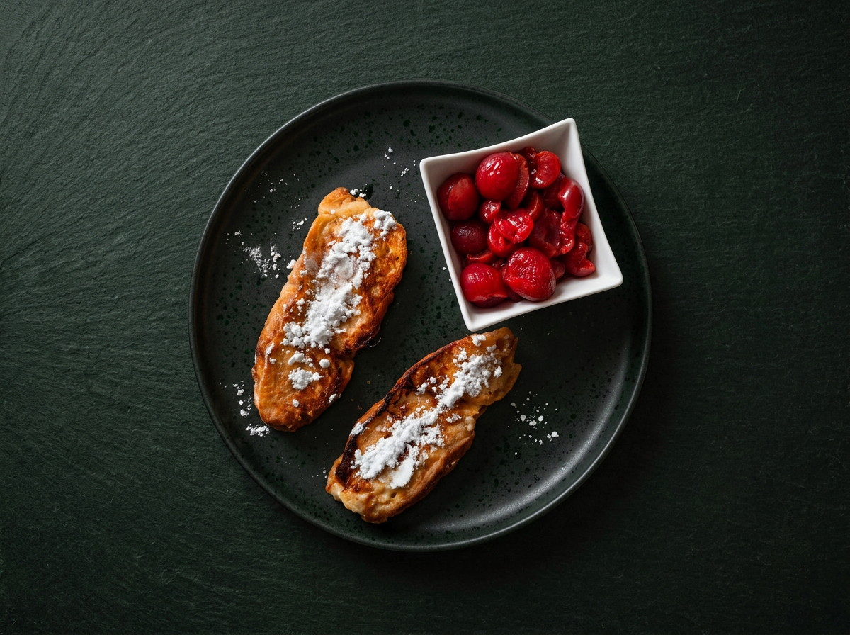 Ein schwarzer Teller mit zwei Scheiben French Toast, best&auml;ubt mit Puderzucker, serviert mit einer kleinen wei&szlig;en Schale mit roten Kirschen auf einer dunkelgr&uuml;nen, strukturierten Oberfl&auml;che.