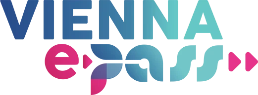 Logo f&uuml;r den Vienna ePass mit dem Schriftzug &bdquo;Vienna&ldquo; in fetten blauen Buchstaben mit Farbverlauf &uuml;ber dem stilisierten Wort &bdquo;ePass&ldquo; in einer Schriftart mit sanftem Blau- und Rosa-Farbverlauf und Pfeilformen am Ende.