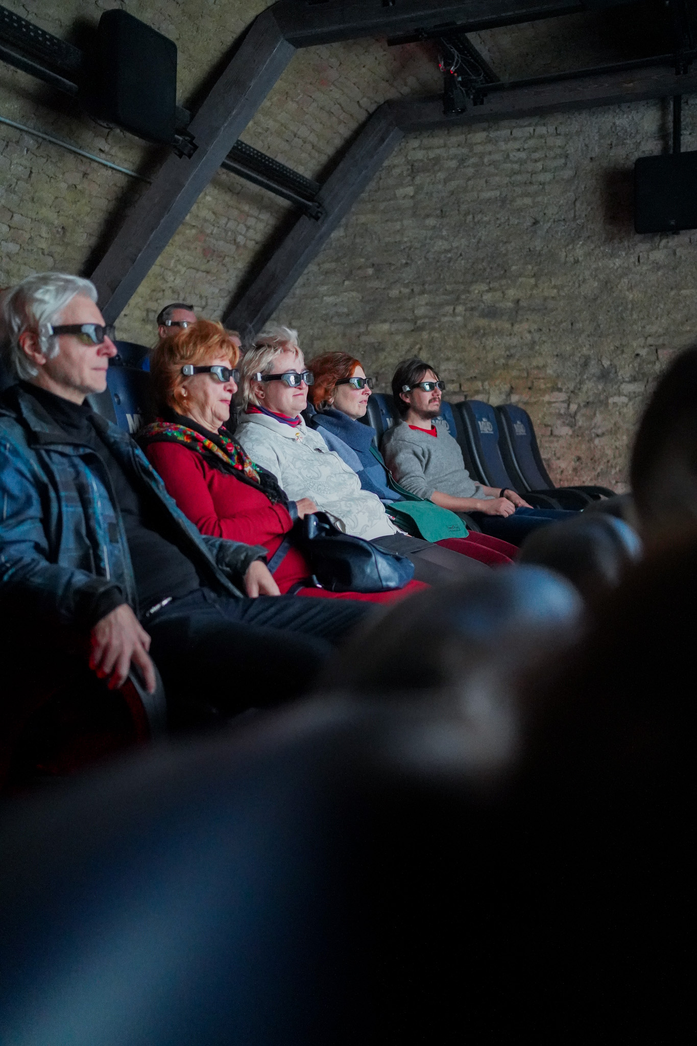 Eine Gruppe von Erwachsenen mit 3D-Brillen sitzt in einem schwach beleuchteten Kinosaal und verfolgt aufmerksam das Geschehen auf der Leinwand. Der Kinosaal hat unverputzte Ziegelwände und gepolsterte Sitze.