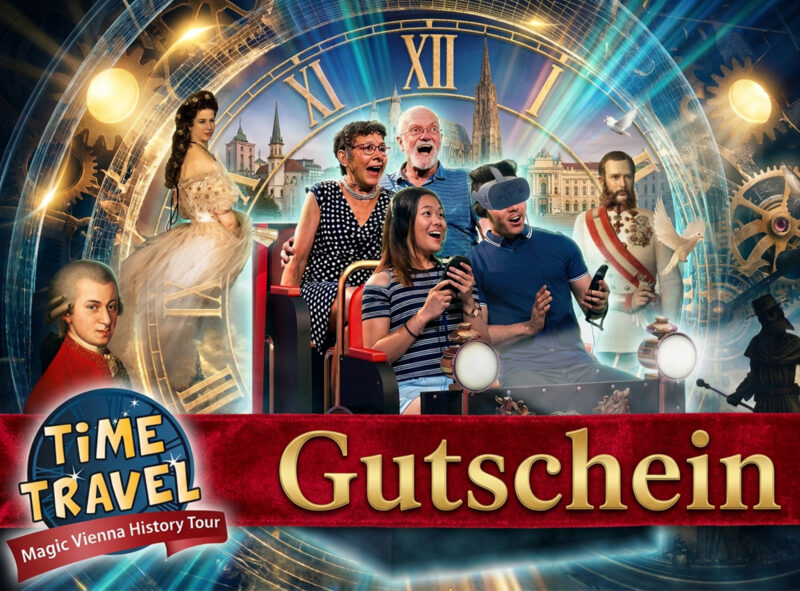 Eine Gruppe begeisterter Menschen auf einer Fahrt, von denen einige VR-Brillen tragen, umgeben von historischen Persönlichkeiten und Wiener Sehenswürdigkeiten, im Hintergrund eine Uhr und Leuchteffekte. Der Text lautet: „TIME TRAVEL Gutschein.“.