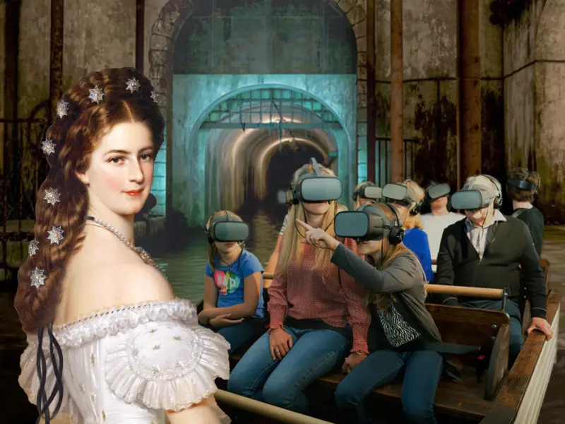 Ein Porträt der Kaiserin Elisabeth von Österreich neben einer Gruppe von Menschen, die VR-Brillen tragen und mit einem Boot durch einen Tunnel fahren.