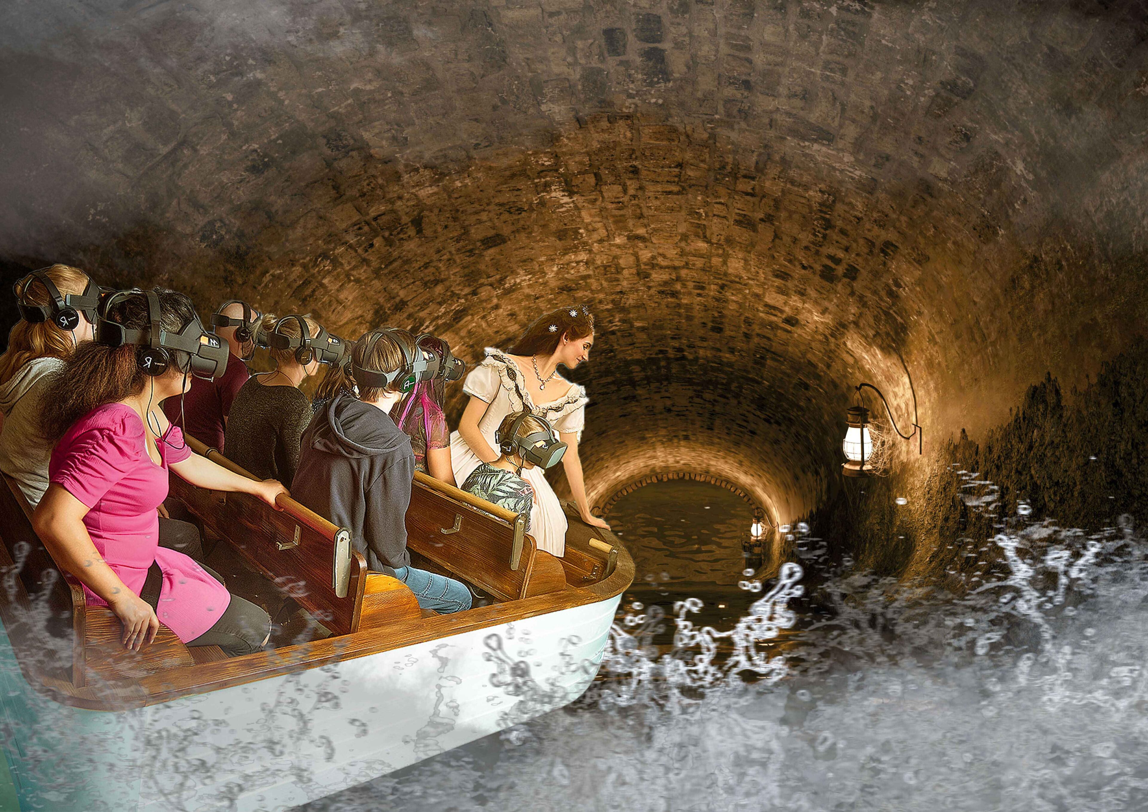 Eine Gruppe von Menschen mit Virtual-Reality-Headsets sitzt in einem Boot in einem dunklen Steintunnel, in dem das Wasser plätschert; eine Frau in historischer Kleidung blickt nach vorne.