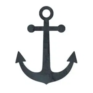 Une simple silhouette noire d'ancre avec un anneau en haut, une tige droite et deux nageoires d'ancre pointues et recourbées vers l'extérieur en bas.