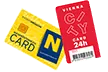 Zwei Karten: eine gelbe Niederösterreich-CARD mit Chip und blauem N-Logo und eine rote 24-Stunden Vienna City Card mit weißer Schrift und Barcode.