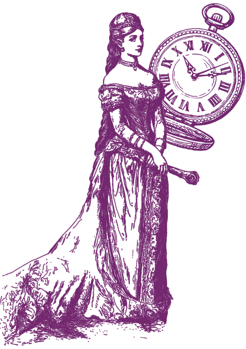Eine violette Illustration einer Frau in einem langen, eleganten Kleid, die vor einer großen Vintage-Taschenuhr steht, die 11:10 Uhr anzeigt.