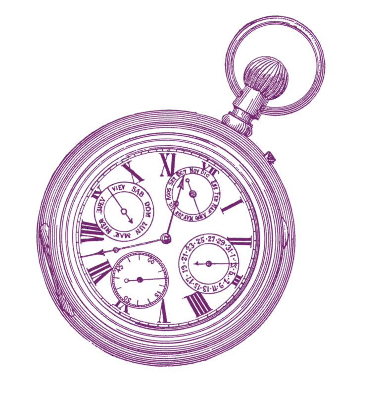 Abbildung einer Vintage-Taschenuhr mit vier kleineren Zifferblättern im Inneren, gezeichnet mit violetten Linien; römische Ziffern markieren die Stunden und oben ist eine Ringschlaufe angebracht.