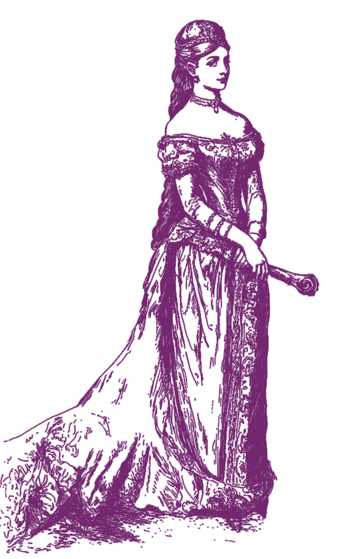 Die violette Silhouette einer Frau in einem langen, fließenden Kleid mit schulterfreiem Ausschnitt, die einen Fächer hält und einen Kopfschmuck trägt und in einer formellen Pose steht.