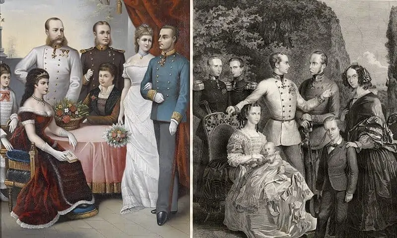 Zwei alte Familienporträts nebeneinander: Das linke ist ein Farbgemälde einer königlichen Familie in Abendgarderobe und das rechte ist eine Schwarzweiß-Illustration einer ähnlichen Szene mit Männern, Frauen und Kindern, die zusammen posieren.