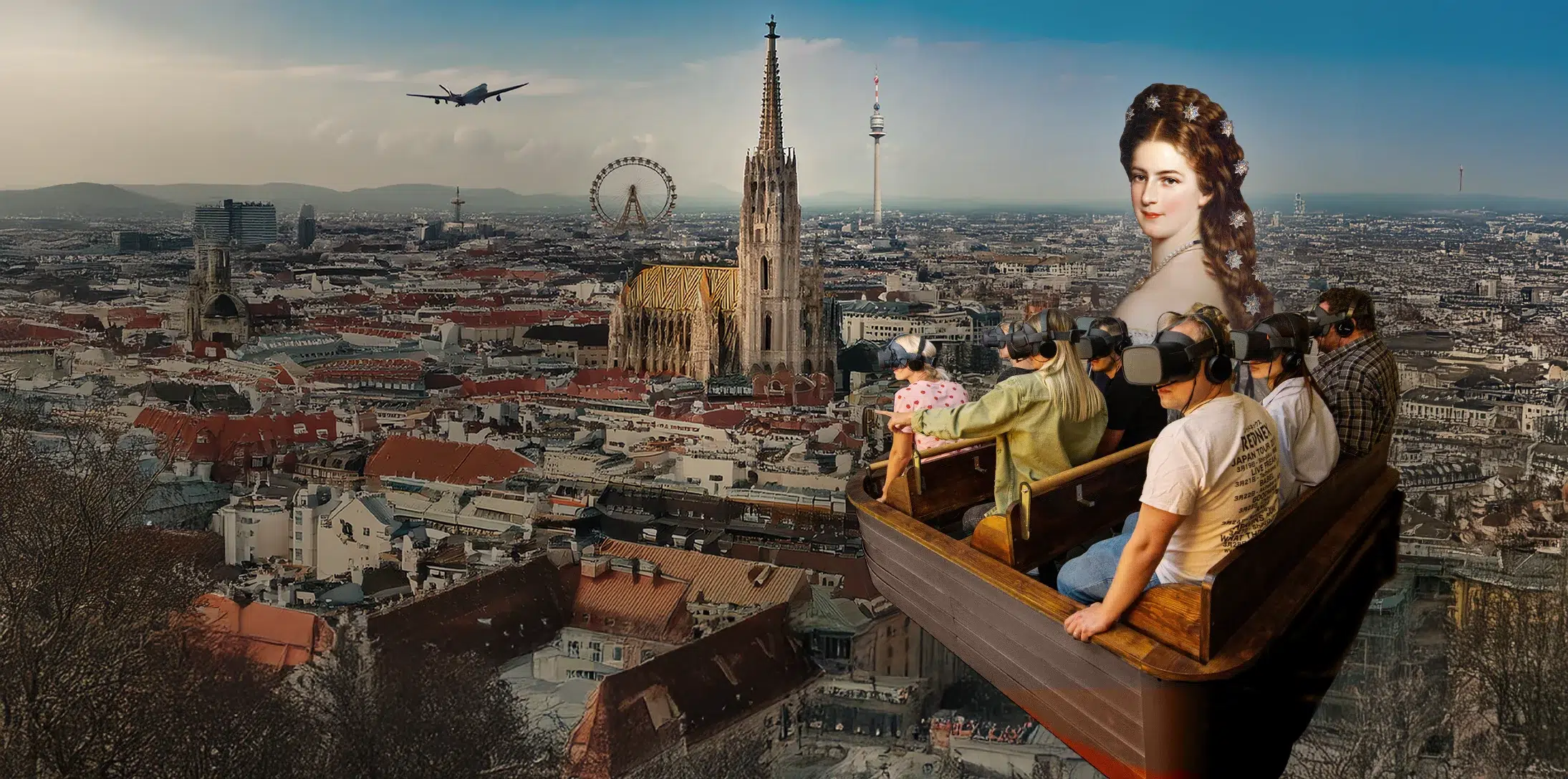 Eine Gruppe von Menschen mit VR-Headsets sitzt in einem Fahrgeschäft mit Panoramablick auf Wien, zu dem Sehenswürdigkeiten wie der Stephansdom, ein Riesenrad, ein Flugzeug und ein großes Porträt von Kaiserin Elisabeth gehören.