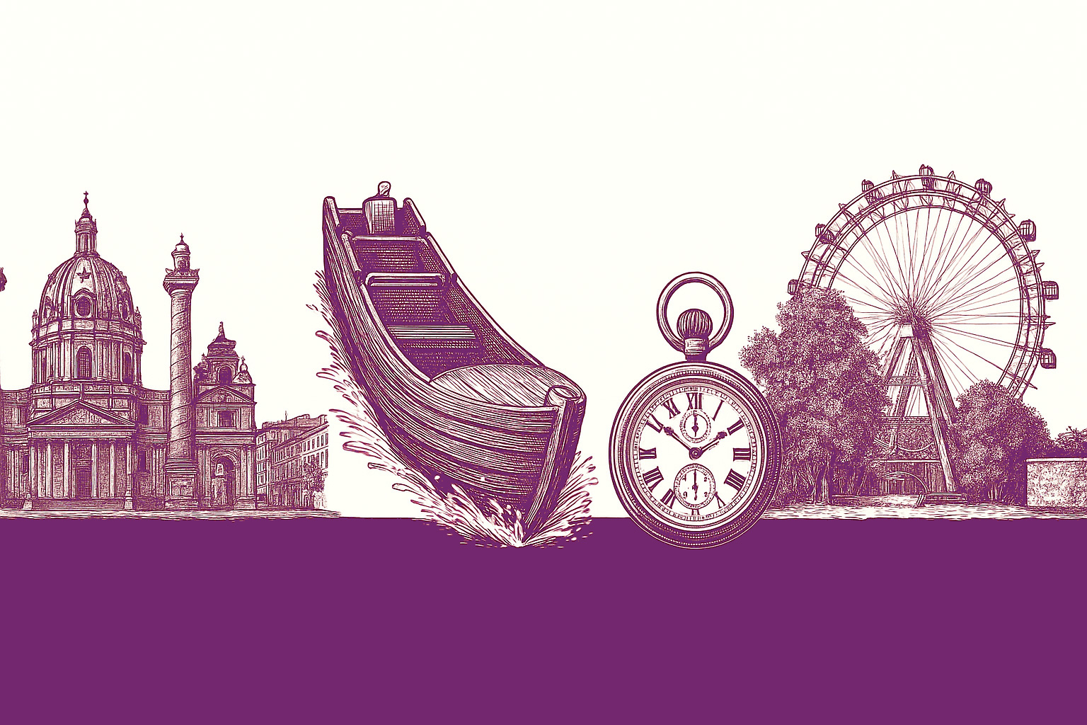 Illustration der Wahrzeichen Wiens: Karlskirche, ein Donauschiff, eine Taschenuhr und das Wiener Riesenrad, alles in lila Vintage-Strichzeichnung auf weißem und lila Hintergrund.