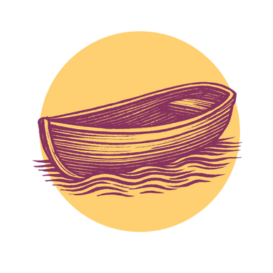 Eine einfache Illustration eines hölzernen Ruderboots in Lila, das auf stilisiertem Wasser schwimmt, mit einem großen gelben Kreis im Hintergrund.