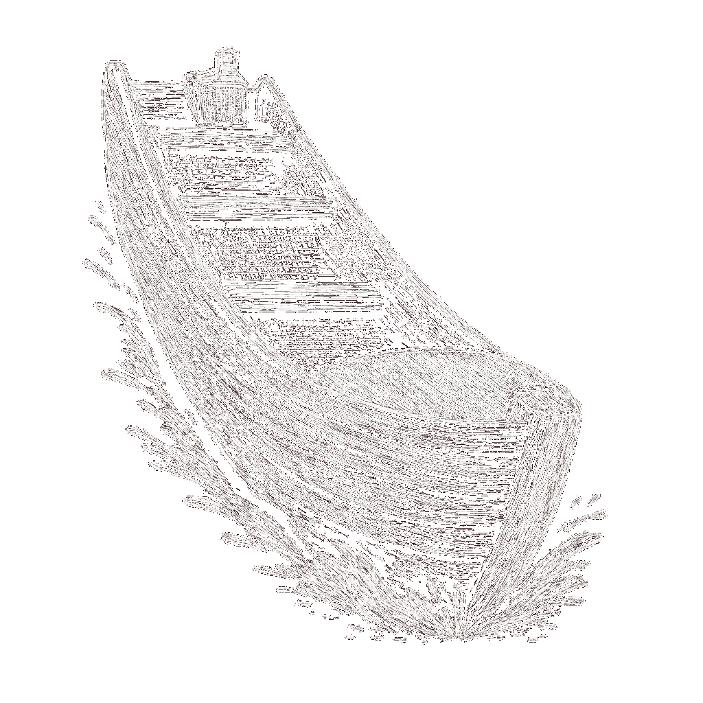 Eine weiße, handgezeichnete Illustration eines hölzernen Ruderboots, das auf schwarzem Hintergrund durch das Wasser spritzt, von vorne betrachtet, mit Planken, Sitzen und einer kleinen Kiste auf der Rückseite.