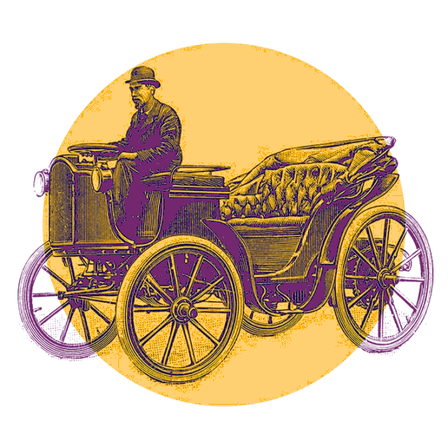 Vintage-Illustration eines Mannes in Anzug und Hut, der ein altmodisches, offenes Auto mit großen Speichenrädern fährt, dargestellt vor einem kreisförmigen gelben Hintergrund.