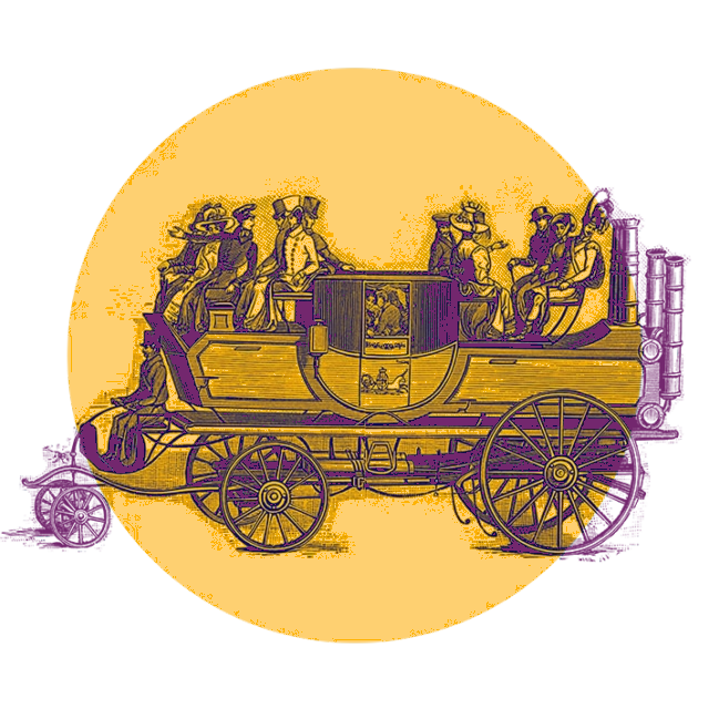 Illustration einer alten Postkutsche voller Menschen mit Hüten, gezeichnet in Gelb- und Lilatönen, vor einem großen gelben Kreishintergrund.