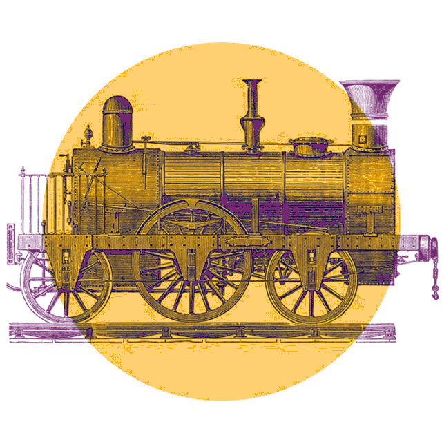 Illustration einer alten Dampflokomotive mit großen Rädern, dargestellt in Gelb- und Lilatönen, vor einem kreisförmigen gelben Hintergrund.
