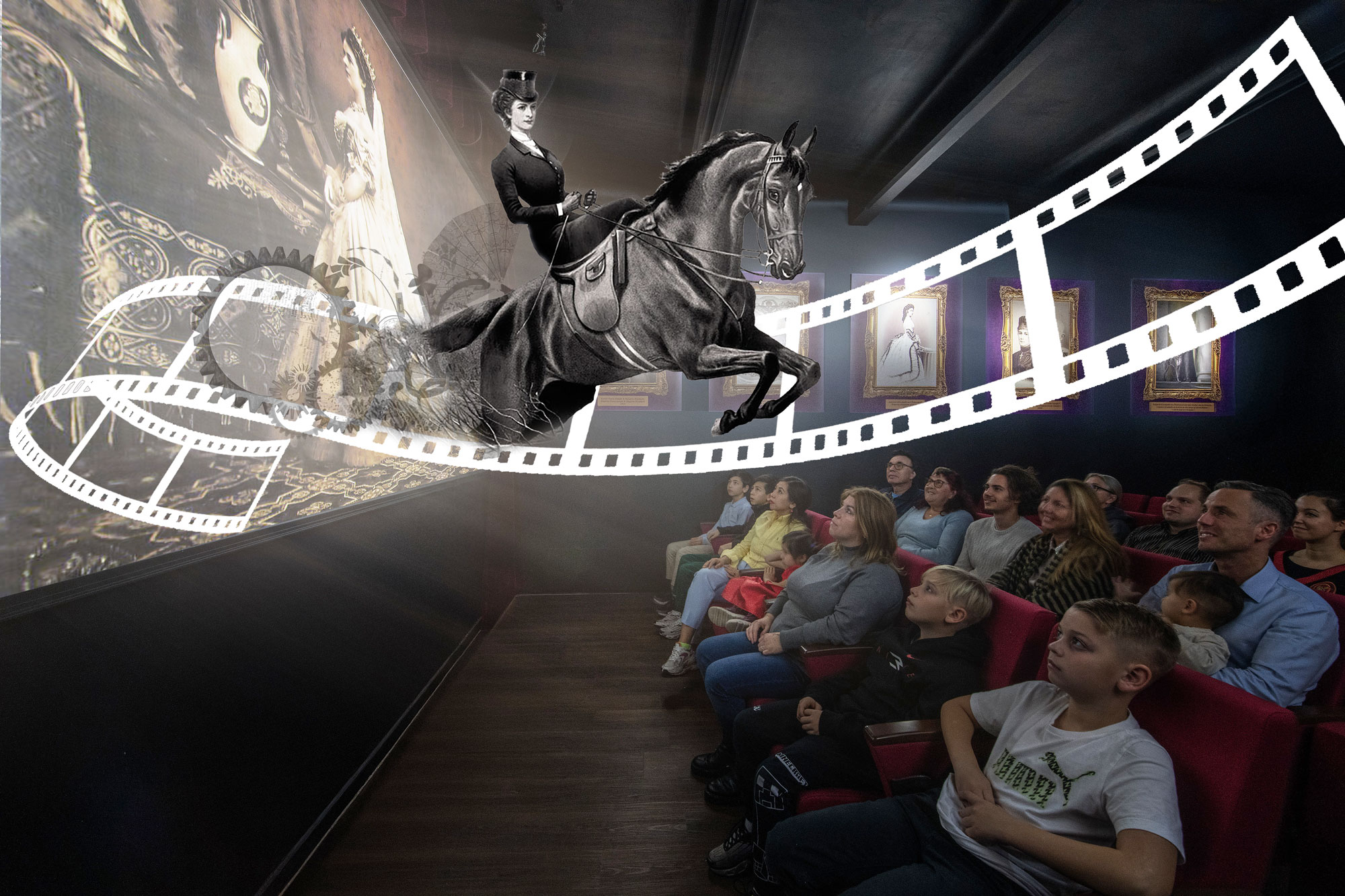 Ein Publikum in einem Kino sieht zu, wie ein Filmstreifen und ein Schwarzweißbild eines Pferdes und eines Reiters dramatisch aus der Leinwand springen und alte Filmszenen mit modernen Zuschauern vermischen.
